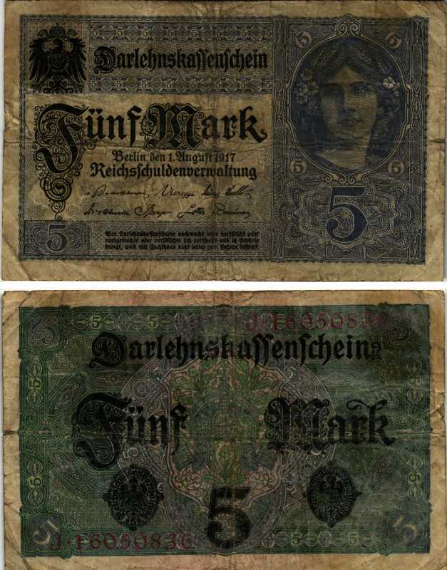 ГЕРМАНИЯ 5 МАРОК 1917 1 АВГУСТА 1917, ВОСЕМЬ ЦИФР В НОМЕРЕ Pick 56b бумага 444-154-2-1