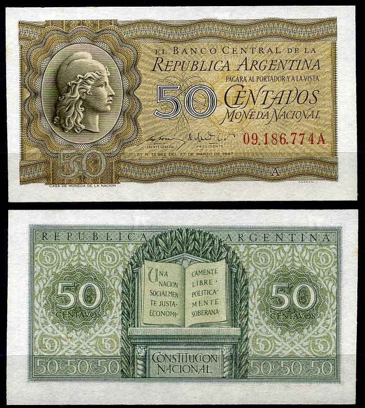 Аргентина 50 сентаво ND (1950) серия А 09186, свобода, конституция Pick 259 a бумага UNC (пресс)  7203-1-2-2