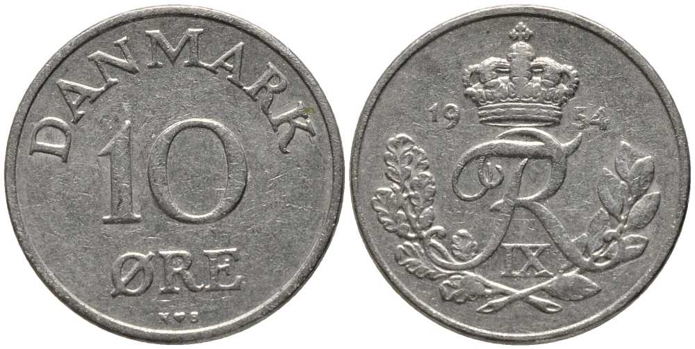 ДАНИЯ 10 ЭРЕ 1954 N; S, ФРЕДЕРИК IX (1947-1972) KM 841.1 медно-никель 116-214