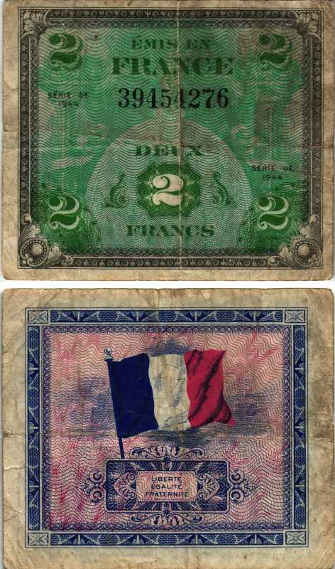 ФРАНЦИЯ 2 ФРАНКА 1944 Pick 114а бумага 7205-50-2-2