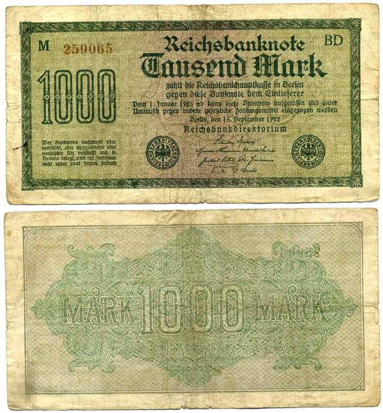 ГЕРМАНИЯ 1000 МАРОК 1922 15 СЕНТЯБРЯ 1922, ВОДЯНОЙ ЗНАК F, БЕЛАЯ БУМАГА Pick 76с бумага 8595-3-3-1