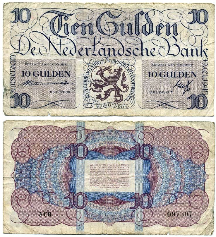 Нидерланды 10 гульденов 1945 герб, малый серийный номер, серия 3 CB Pick 74, Akkermans 34.1 a бумага 451-722-2