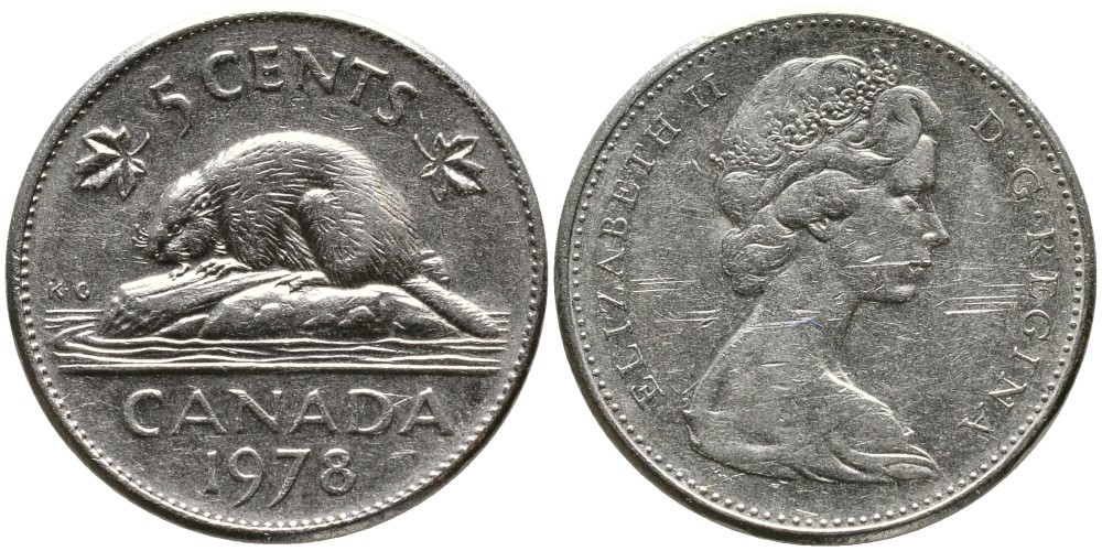 КАНАДА 5 ЦЕНТОВ 1978 ЕЛИЗАВЕТА II (1952-), БОБР, ВТОРОЙ ПОРТРЕТ В КОРОНЕ KM 60.1 никель 4543-647
