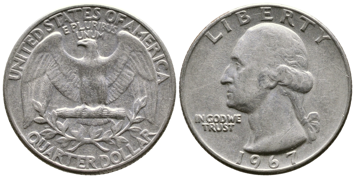США 25 центов (квотер) 1967 Вашингтон KM 164а медь плакированная медно-никелем 4382-1047