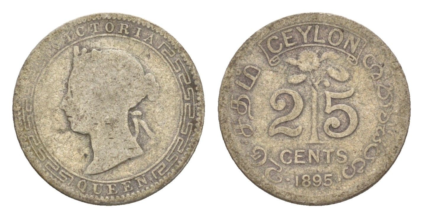Цейлон 25 центов 1895 KM 95 серебро 4643-834