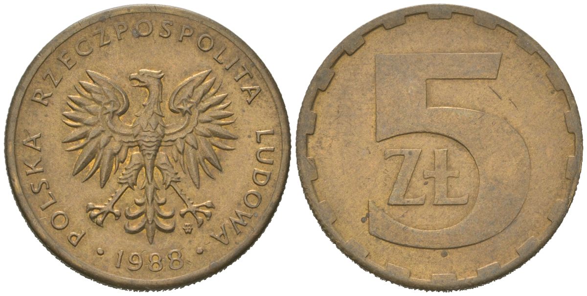 Польша 5 злотых 1988 MW Y 81.2 латунь aUNC 4616-1213