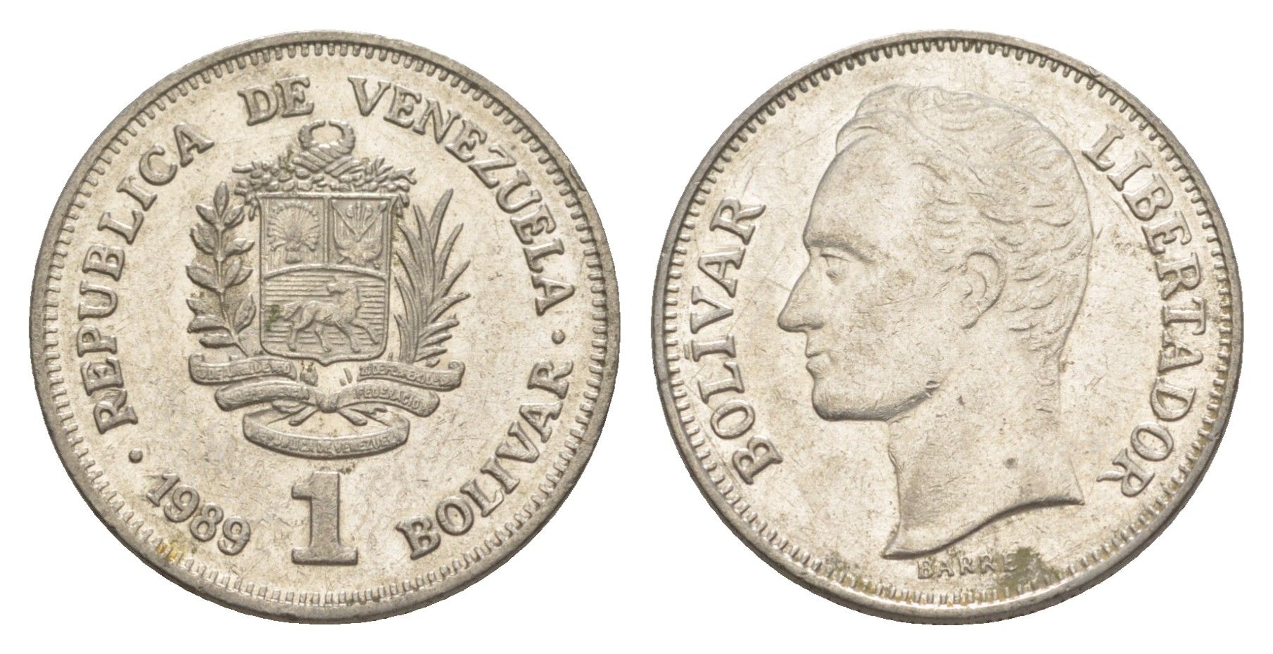 Венесуэла 1 боливар 1989 Симон Боливар, тонкий шрифт Y 52a.1 сталь плакированная никелем 4589-1152