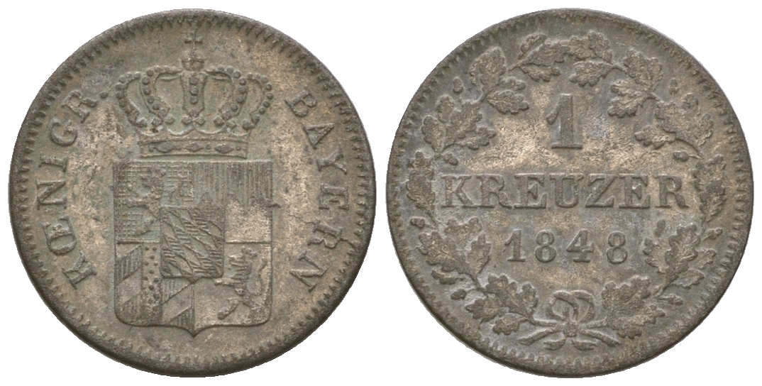 Бавария 1 крейцер 1848 Людвиг I (1825-1848) KM 422, AKS 88 серебро 4668-1218