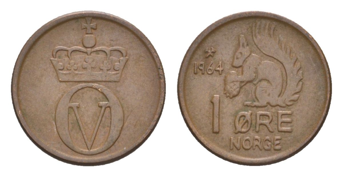 Норвегия 1 эре 1964 Улаф V (1957-1991) KM 403 бронза 4632-1116