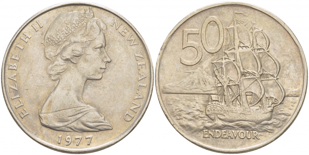 Новая Зеландия 50 центов 1977 Елизавета II (1952-2022), парусник Индевор KM 37.1 медно-никель 215-424