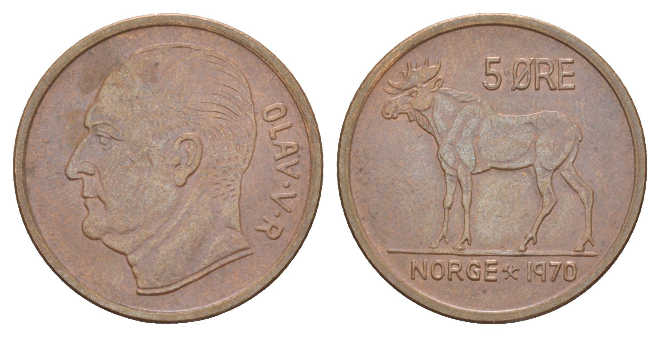 Норвегия 5 эре 1970 Улаф V (1957-1991) KM 405 медь 4514-152