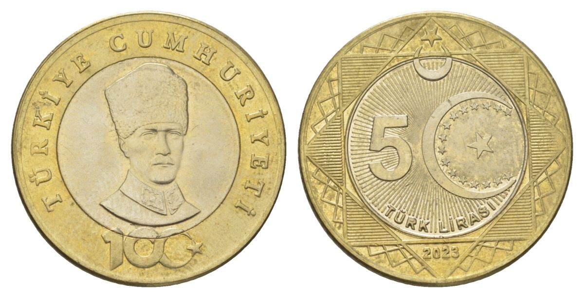 Турция 5 лир 2023 100 лет Турецкой Республики KM NEW биметалл UNC 221-1011