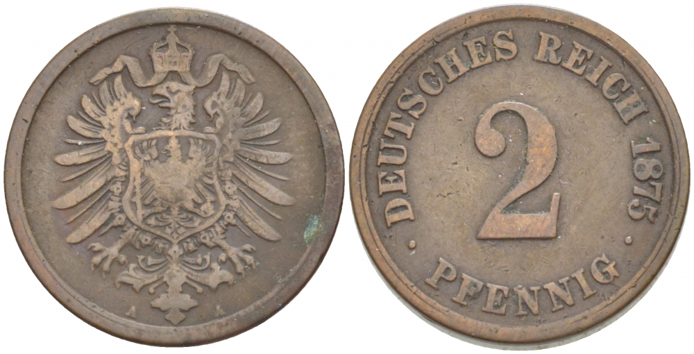 ГЕРМАНИЯ 2 ПФЕННИГА 1875 A, СТАРОГЕРБОВКА KM 2, J.2 медь 4532-533