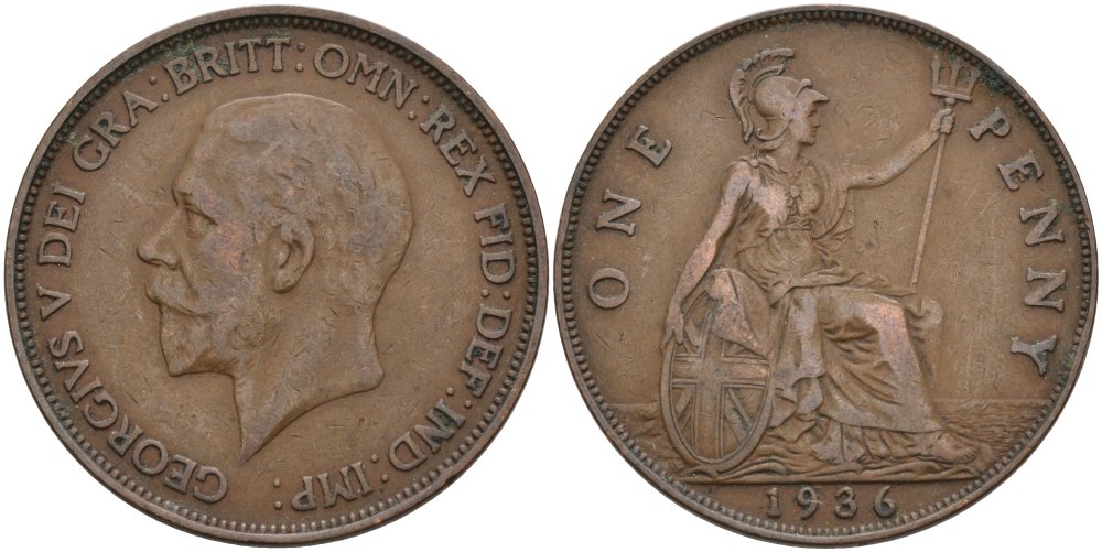 Великобритания 1 пенни 1936 Георг V (1910-1936) KM 838, Spink 4055 бронза 4574-111