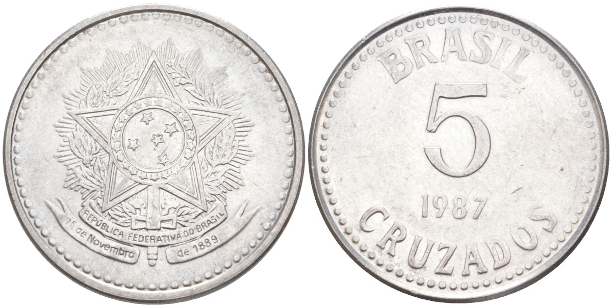 Бразилия 5 крузадо 1987 реформа (1986-1989) KM 606 нержавеющая сталь 4529-747