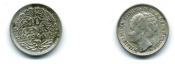 Нидерланды 10 центов 1944 Вильгельмина I (1890-1948) KM 163 серебро 46-146
