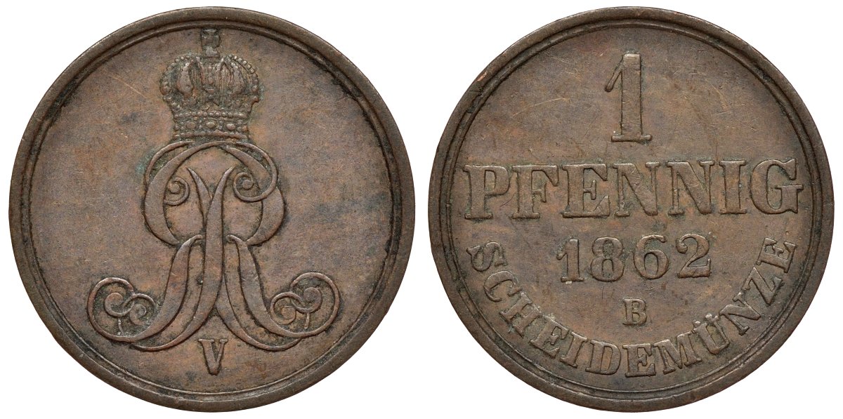 Ганновер 1 пфенниг 1862 B, Георг V KM 233, AKS 156, J. 90 медь 4594-457
