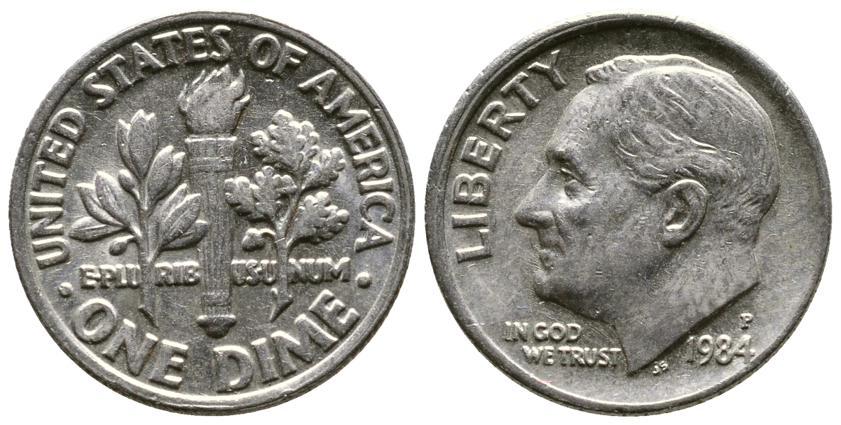 США 10 ЦЕНТОВ = 1 ДАЙМ 1984 P, РУЗВЕЛЬТ KM 195а медь плакированная медно-никелем 57-1224