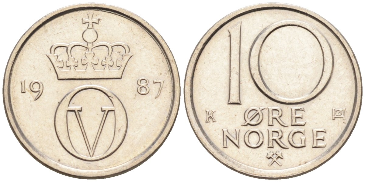 Норвегия 10 эре 1987 Улаф V (1958-1991) KM 416 медно-никель UNC 4580-1021