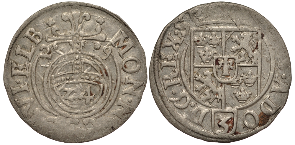 Польша, Эльблонг 1/24 талера (полторак) 1629 (16)29, Густав Адольф, Шведское правление (1626-1636), вес 1,11 гр., городской выпуск KM 11 серебро 1516-1234