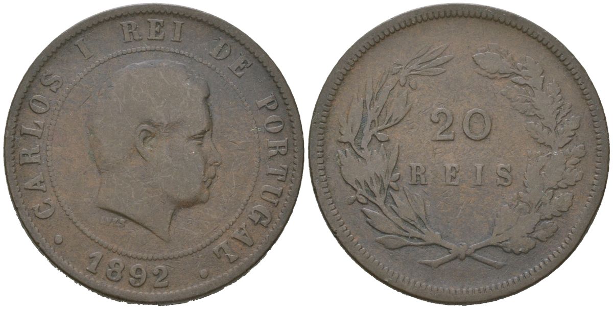 Португалия 20 реалов 1892 Карлуш I (1889-1908) KM 533 бронза 4512-943