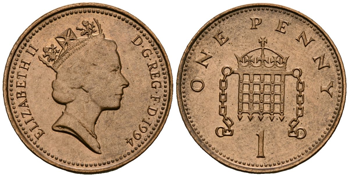 Великобритания 1 пенни 1994 Елизавета II (1952-2022) KM 935a, Spink 4391 (B4) сталь плакированная медью 4176-626