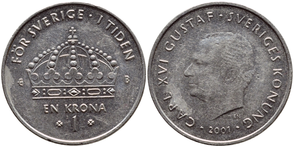 Швеция 1 крона 2001 Карл XVI Густав (1973- ) KM 894 медно-никель 4364-2751