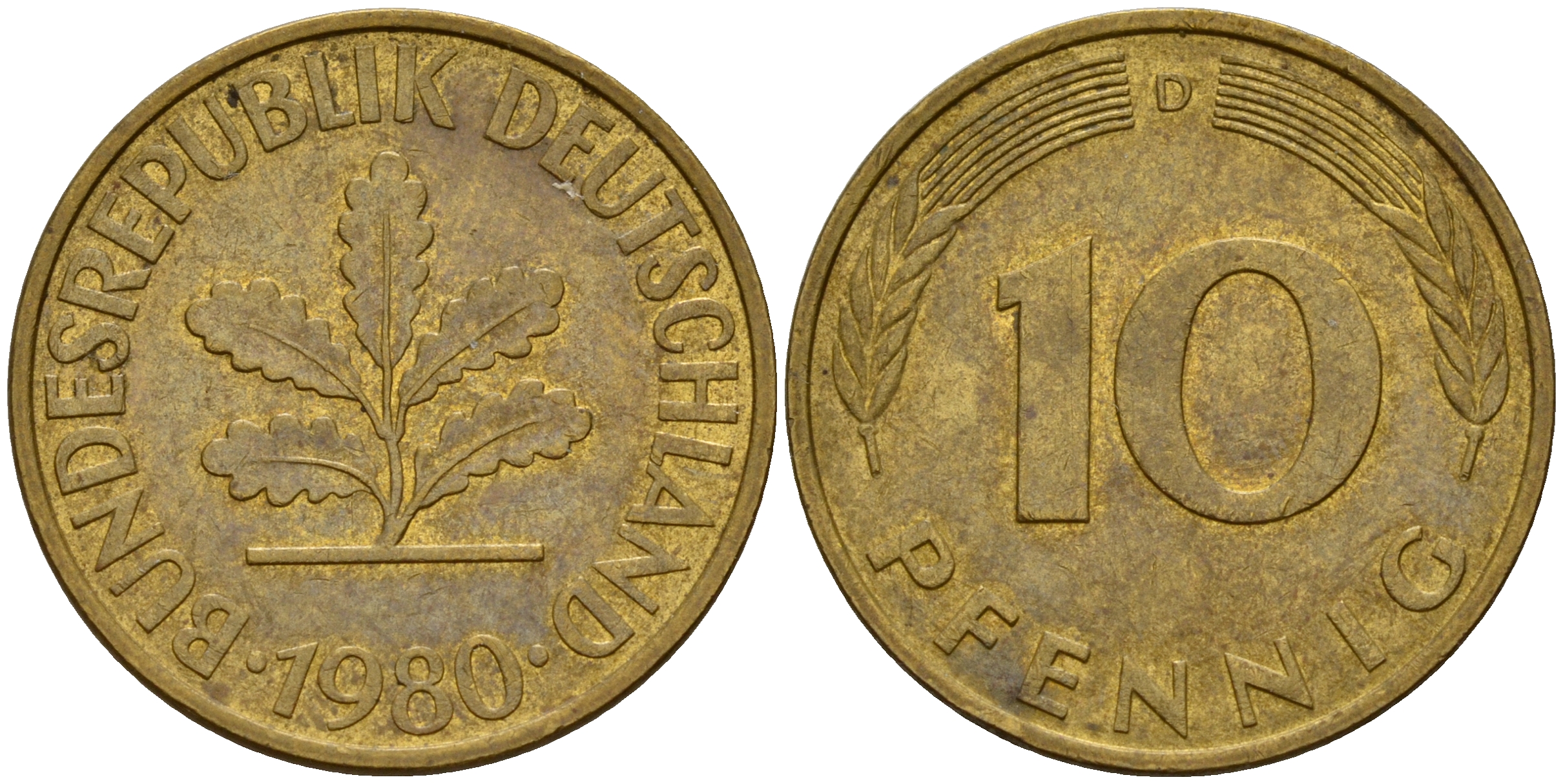 ФРГ 10 пфеннигов 1980 D J. 383, KM 108 сталь плакированная латунью    4603-452