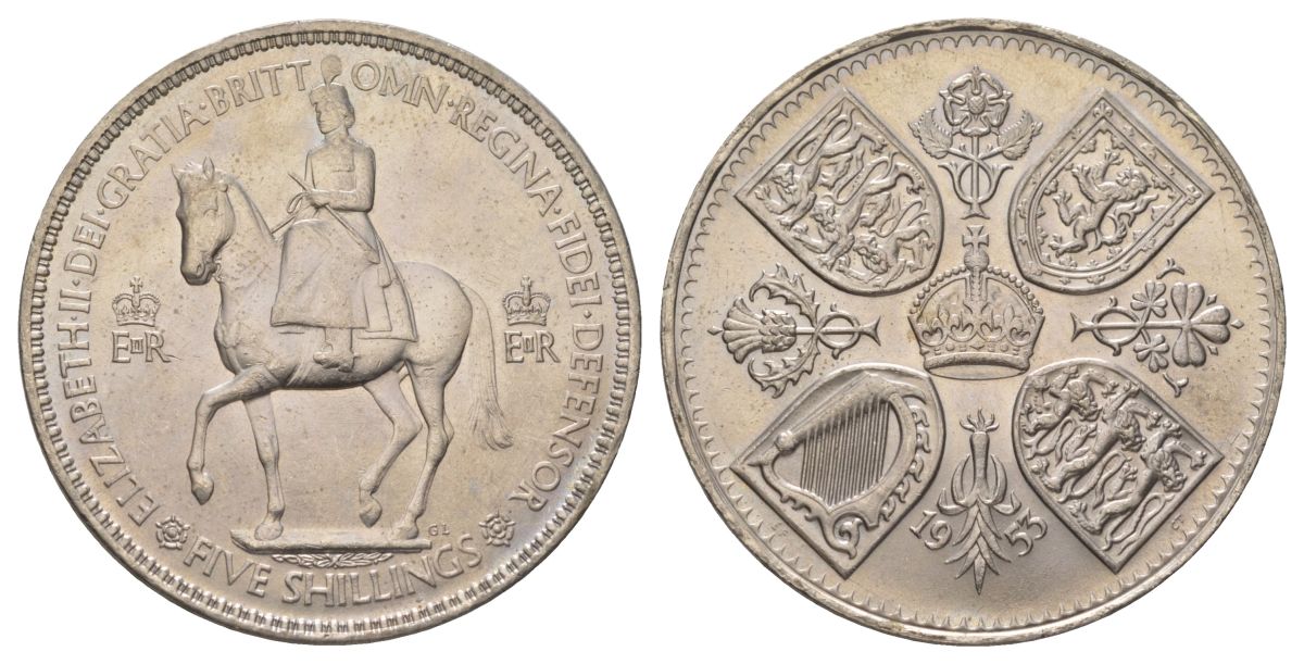 Великобритания 1 крона (5 шиллингов) 1953 коронация королевы Елизаветы, Елизавета II (1952-2022) Елизаветы, в красочной упаковке KM 894, Spink 4136 медно-никель UNC 107-1024