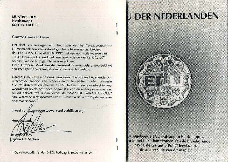 Нидерланды 10 экю 1992 в картонном буклете для коллекции экю, король Виллем I, расширение торговли со всеми странами, диаметр 39 мм, медно-никель UNC 3-6-4-36