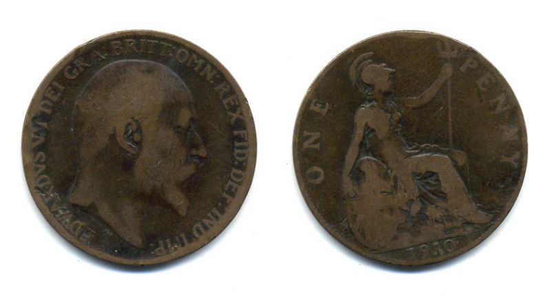 Великобритания 1 пенни 1910 Эдуард VII (1901-1910) KM 794.2, Spink 3990 бронза 47-814