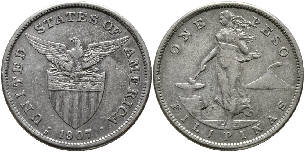 Филипинны 1 песо 1907 S, администрация США KM 172 серебро 1519-1342