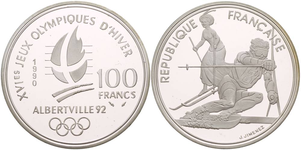 Франция 100 франков 1990 XVI Зимние Олимпийские игры 1992 в Альбервиле, слалом KM 984 серебро PROOF 1081-8-44