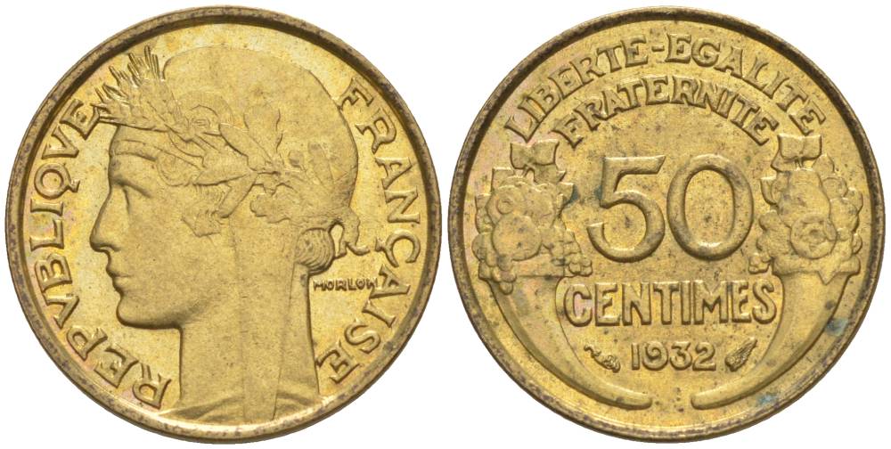 ФРАНЦИЯ 50 САНТИМОВ 1932 ТИП MORLON, OPEN 9, С ЯГОДОЙ KM 894.1, LE FRANC 192.7 алюминиевая бронза 44-722