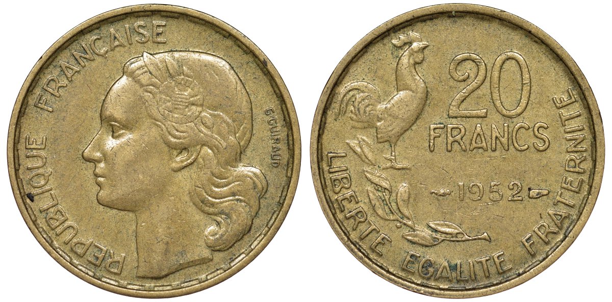 Франция 20 франков 1952 KM 917.1 алюминиевая бронза 51-2815