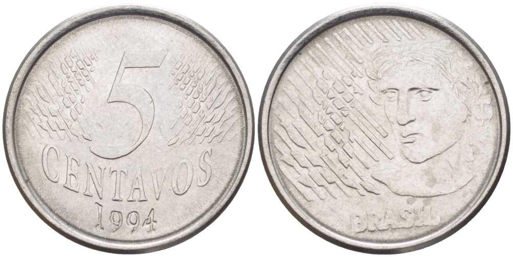 Бразилия 5 сентаво 1997 реформа 1994-, голова свободы влево KM 632 нержавеющая сталь 259-1033