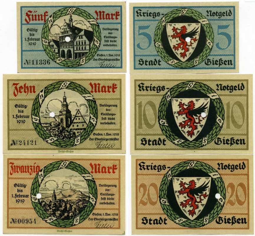 ГИССЕН, ГЕРМАНИЯ НАБОР ИЗ 3 БАНКНОТ 1918-1919 1 НОЯБРЯ 1918 - 1 ФЕВРАЛЯ 1919, НОТГЕЛЬД, ЗЕМЛЯ ГЕССЕН (5, 10, 20 МАРОК) Geiger 178.01, 178.02b, 178.03 бумага аUNC 8613-35-2