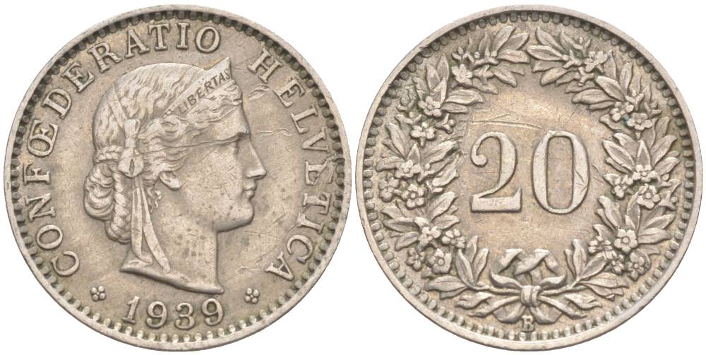ШВЕЙЦАРИЯ 20 РАППЕНОВ 1939 В KM 29a медно-никель 55-652