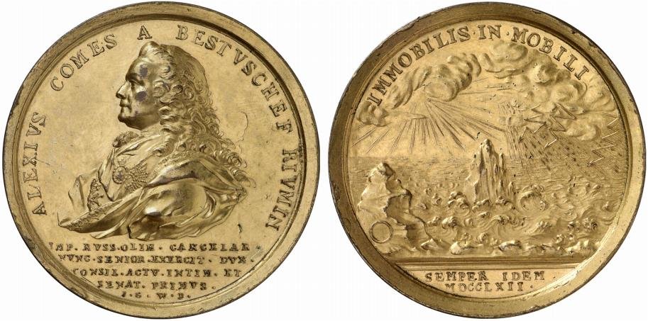 Россия медаль 1762 на назначение графа Бестужева-Рюмина фельдмаршалом, 52,38 мм, 58,62 гр Дьяков 111.1 бронза, позолота 10-014-08