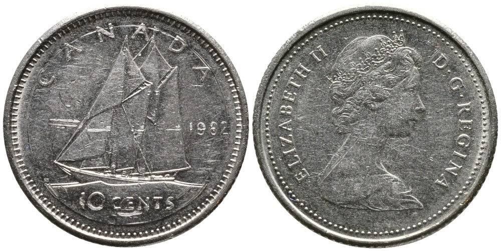 КАНАДА 10 ЦЕНТОВ 1982 ЕЛИЗАВЕТА II (1952-), ПАРУСНИК, ВТОРОЙ ПОРТРЕТ В КОРОНЕ KM 77.2 никель 4532-827