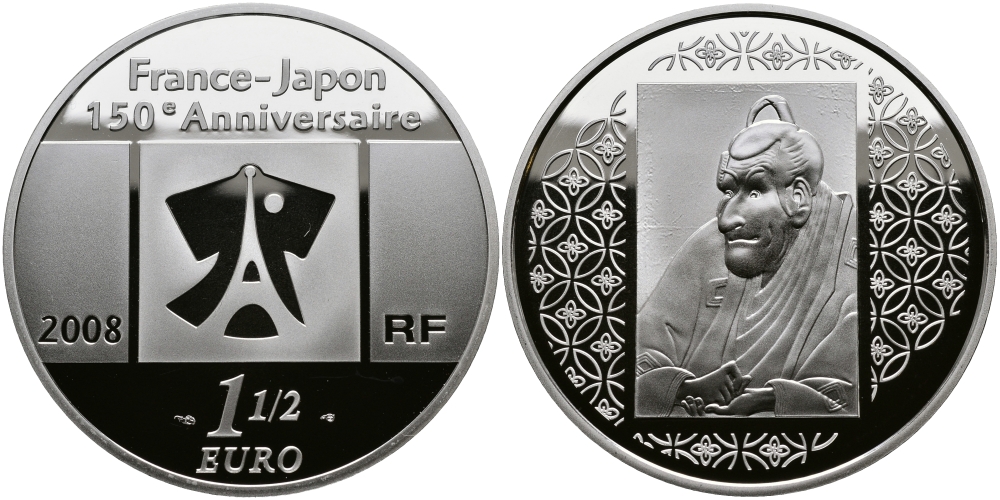 Франция 1 1/2 евро 2008 150 лет торговым отношениям Франция-Япония, японская картина KM 1549 серебро PROOF 1068-10-33