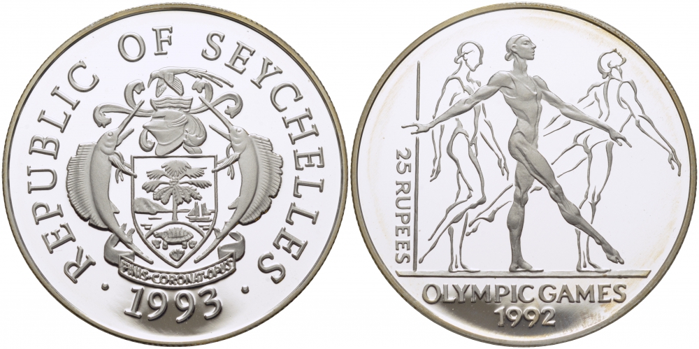 Сейшельские острова 25 рупий 1993 XXV летние олимпийские игры 1992 года в Барселоне, гиманстика, тираж 40000 экз. KM 70 серебро PROOF 1077-8-21
