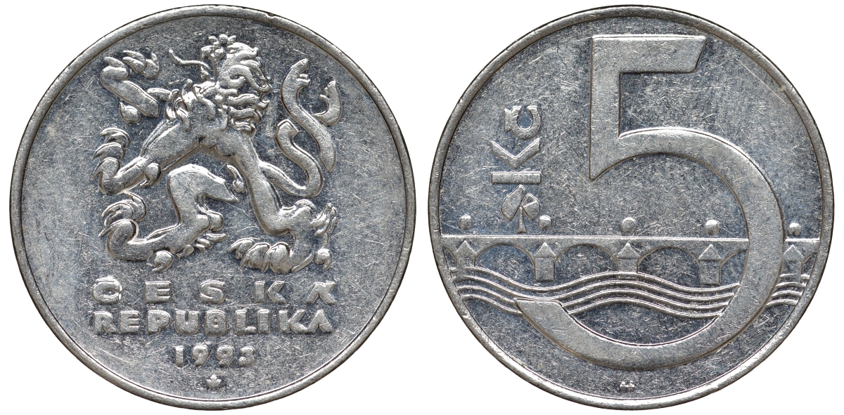 Чехия 5 крон 1993 чешский лев, Карлов мост KM 8 сталь плакированная никелем 51-1127