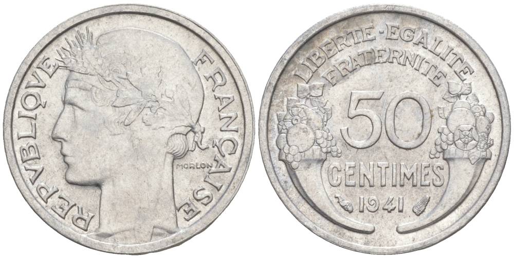 ФРАНЦИЯ 50 САНТИМОВ 1941 ТИП MORLON LOURDE KM 894.1a, LE FRANC 193.2 алюминий 44-219