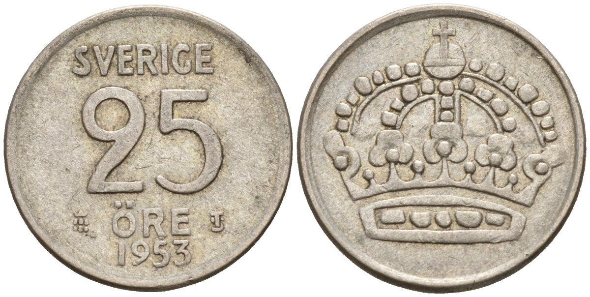 Швеция 25 эре 1953 TS, Густав VI Адольф (1950-1973) KM 824 серебро 4147-1036