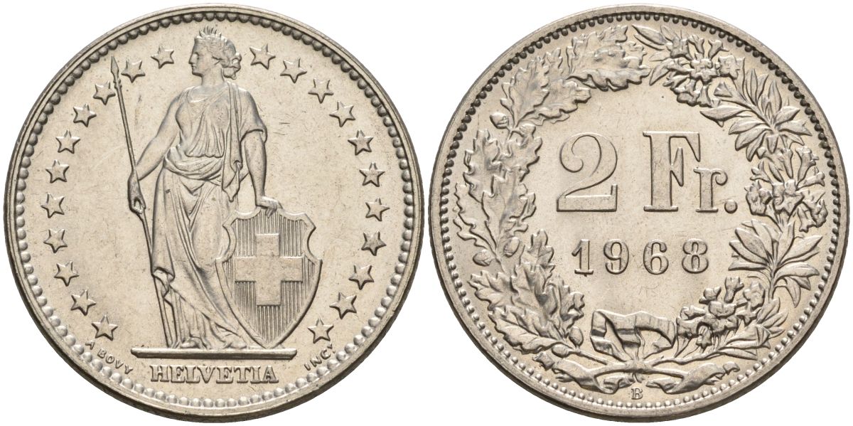 Швейцария 2 франка 1968 B KM 21a медно-никель 4607-614