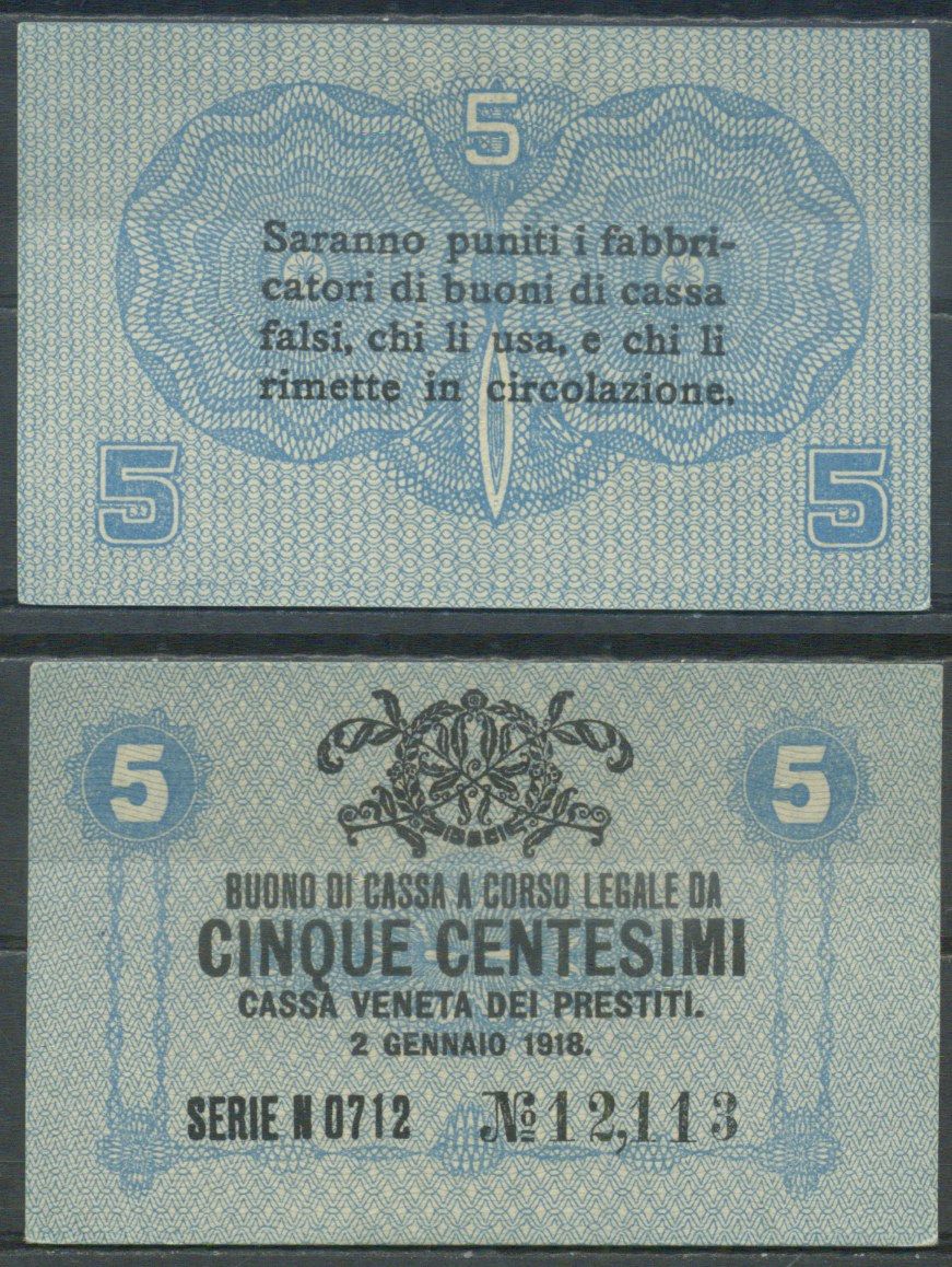 Италия 5 чентезимо 1918 	Венецианский ссудный банк Pick M1 бумага aUNC 7554-10-1-1