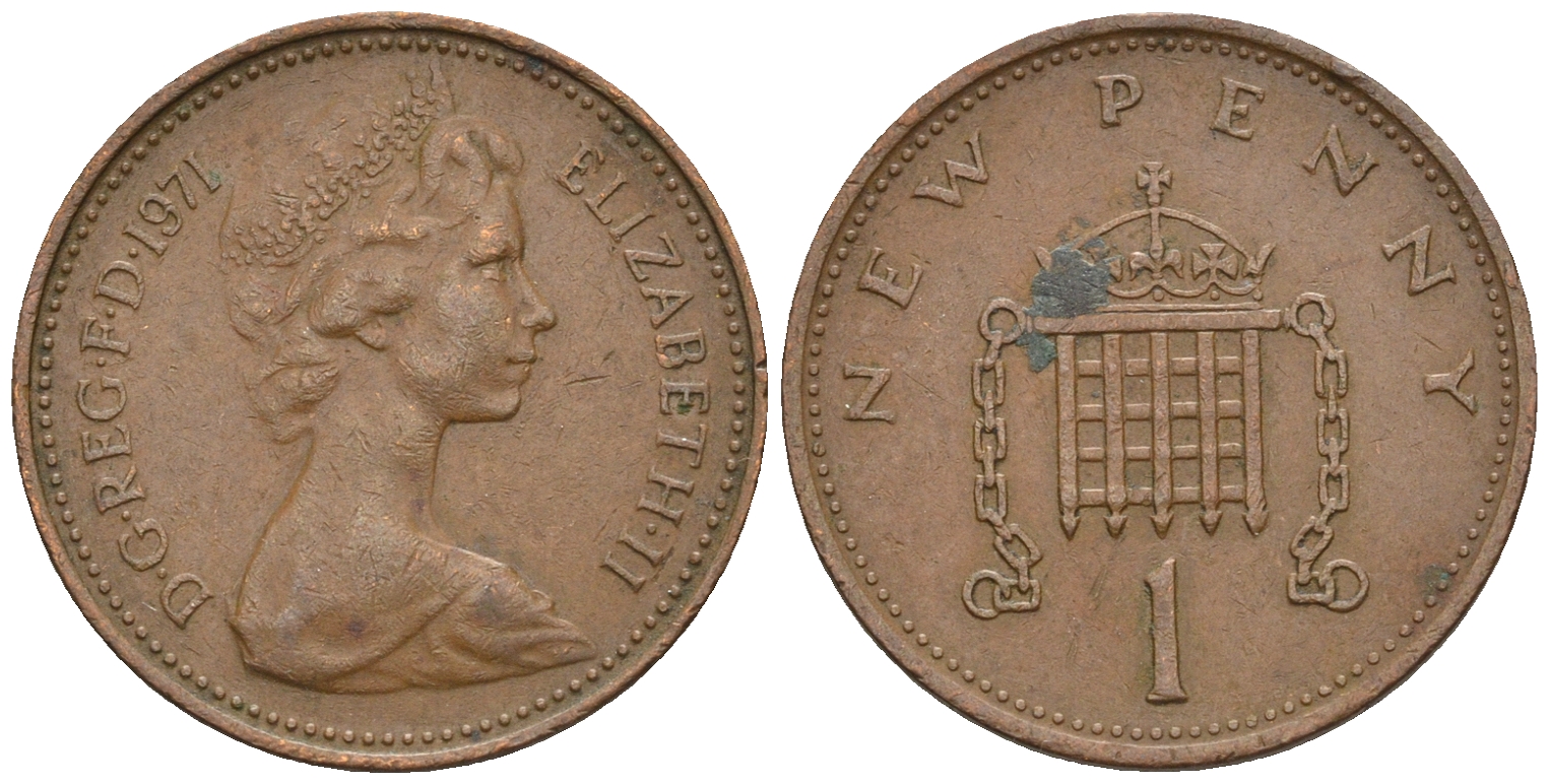Великобритания 1 пенни 1971 Елизавета II (1952-2022) KM 915, Spink 4237 (B1) бронза 4609-463