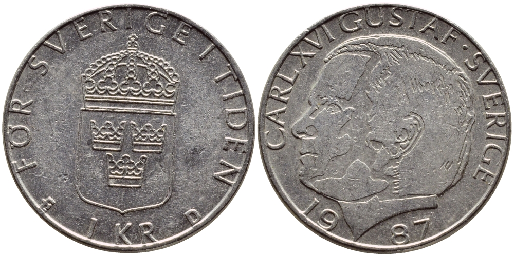 Швеция 1 крона 1987 Карл XVI Густав (1973- ) KM 852a медно-никель 4397-1157