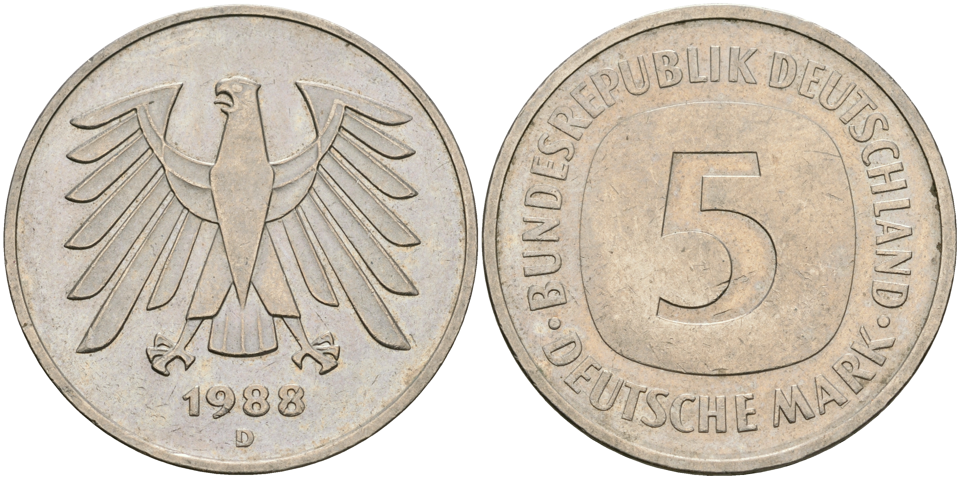 ФРГ 5 марок 1988 D J. 415 медно-никель плакированный никелем 08-641